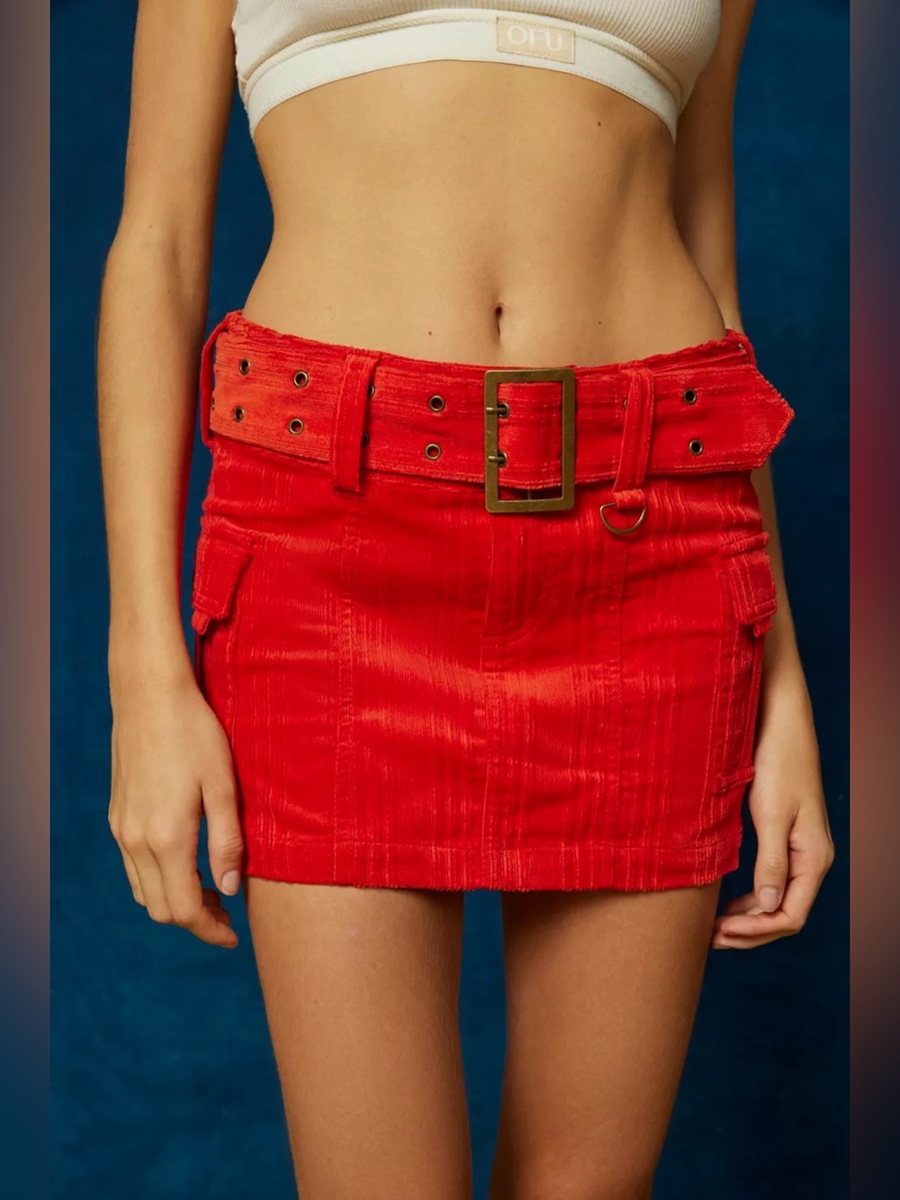 NEW UO Joan Corduroy Y2K Cargo Belted Mini Skirt Red XS - Picture 2 of 14